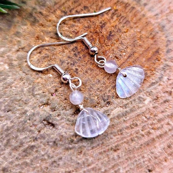 Beautiful Nature Moonstone Flashy Hand Carved Shell S925 Dangle Earring - Picture 7 of 10